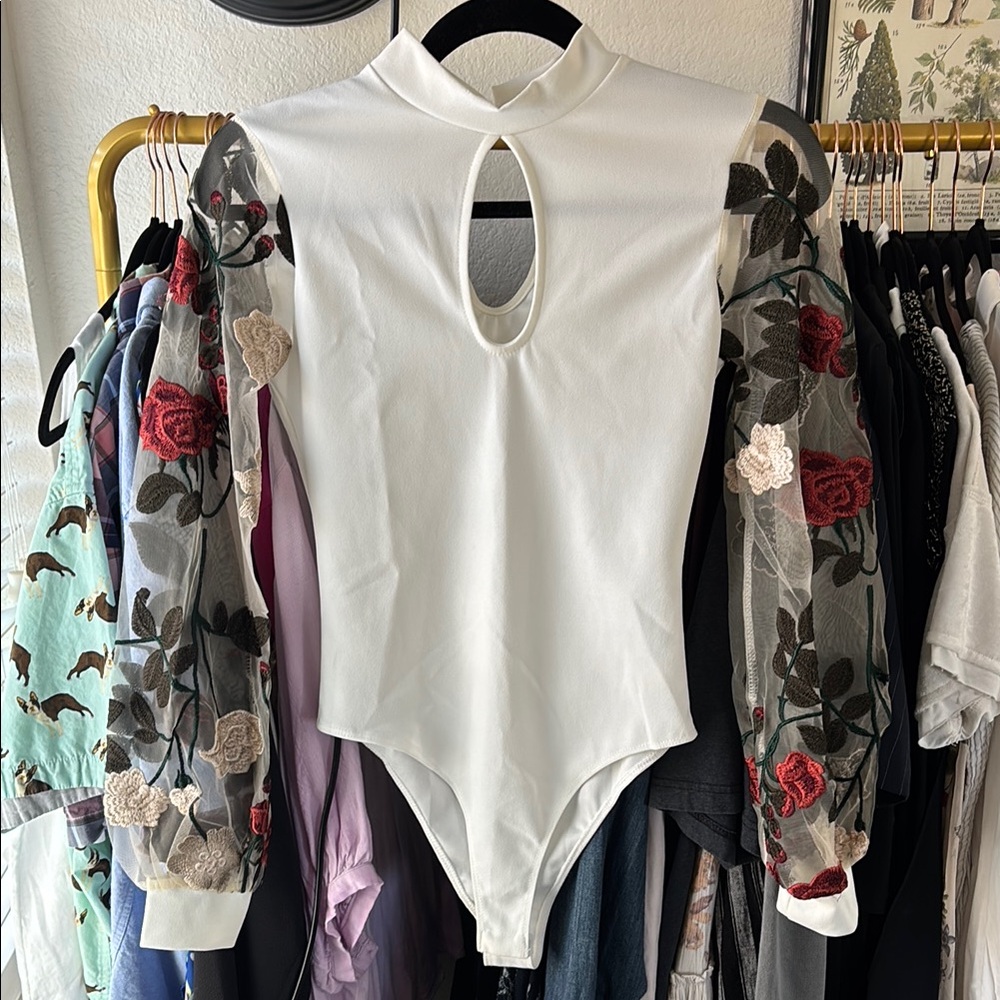 White Embellished Long Sleeve Bodysuit